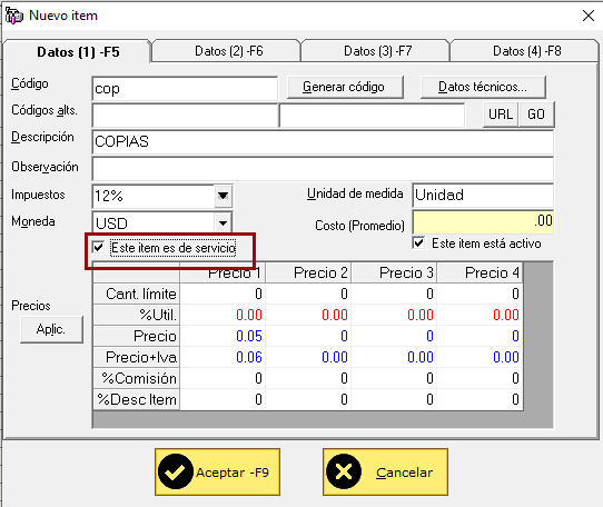 CREAR INTEM SERVICIO